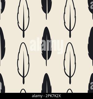 Modello vettoriale senza cuciture con diverse silhouette nere morbide in piuma su sfondo bianco. Modello di disegno di Flamingo, angelo, piume dell'uccello per Illustrazione Vettoriale
