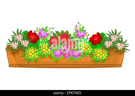 Fiori in vaso. Piante diverse in vaso di fiori. Fiore di pianta della casa in scatola per stanza interna, terrazza, giardino, finestre o balcone per decorare.Vector Illustrazione Vettoriale