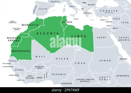 Maghreb, Maghreb arabo o anche Africa nordoccidentale, mappa politica. Parte del mondo arabo. Algeria, Libia, Marocco, Mauritania, Tunisia, Sahara occidentale. Foto Stock