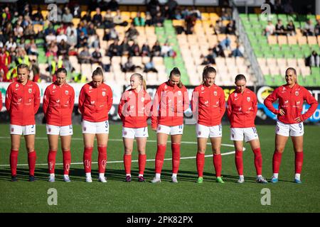 Jessheim, Norvegia. 05th Apr, 2023. Jessheim, Norvegia, 5th 2023 aprile: Giocatori della Norvegia prima del Campionato UEFA Womens U19 Qualifiche tra Norvegia e Croazia allo stadio Jessheim di Jessheim, Norvegia (Ane Frosaker/SPP) Credit: SPP Sport Press Photo. /Alamy Live News Foto Stock