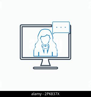 Icona del supporto aziendale online con simbolo femminile e simbolo del monitor del computer. EPS vettore stile linea. Illustrazione Vettoriale