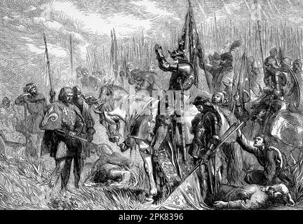 Illustrazione di Sir John Gilbert (1817-1897) della Battaglia di Agincourt, una vittoria inglese nella Guerra dei Cent'anni. Quando il re Enrico V d'Inghilterra condusse le sue truppe in battaglia e partecipò a combattimenti a mani nude, l'inaspettata vittoria inglese contro l'esercito francese numericamente superiore amplificò il morale e il prestigio inglese e paralizzò la Francia. Iniziò un nuovo periodo di dominio inglese nella guerra che durò 14 anni fino a quando la Francia sconfisse l'Inghilterra nell'assedio di Orléans nel 1429. Foto Stock