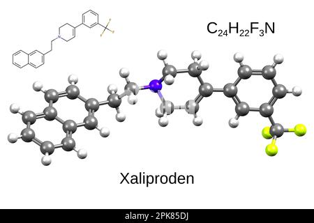 Formula chimica, formula scheletrica e 3D modello a sfera e bastone di un agonista del recettore A della serotonina, xaliproden, sfondo bianco Foto Stock