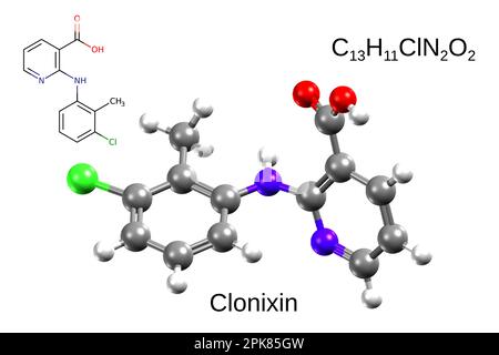 Formula chimica, formula scheletrica e 3D modello a sfera e bastone di un farmaco antinfiammatorio non steroideo clonixin, sfondo bianco Foto Stock