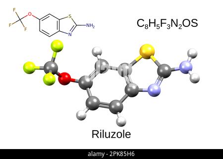 Formula chimica, formula scheletrica e modello a bastoncino 3D di un antagonista del glutammato, riluzolo, sfondo bianco Foto Stock