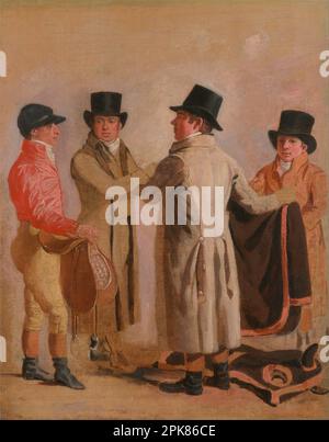 Il Jockey Frank Buckle, il proprietario-allevatore John Wastell, il suo addestratore Robert Robson, e un stalla-ragazzo 1802 da Benjamin Marshall Foto Stock