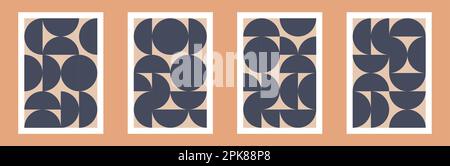 Cerchi astratti semicerchi metà secolo nordico boho minimalistic muro modello d'arte. Poster geometrici semplici in stile moocromo vintage. Arredamento elegante. Illustrazione vettoriale. Illustrazione Vettoriale