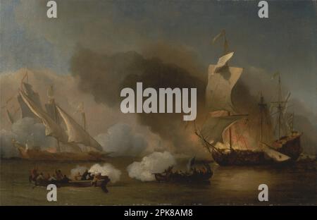 Un'azione al largo della costa barbary con galee e navi inglesi circa 1695 di Willem van de Velde il giovane Foto Stock