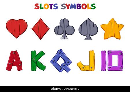 Set di simboli isolati colorati di slot machine, icone di casinò Illustrazione Vettoriale