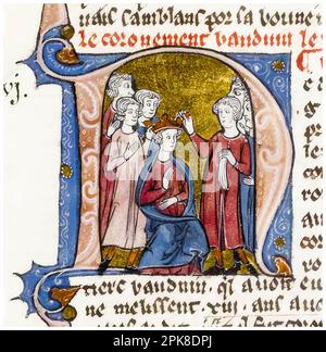 Incoronazione di Baldovino III (1129-1163), re di Gerusalemme (1143-1163), da parte di due laici, pittura manoscritta illuminata, intorno al 1295-1299 Foto Stock