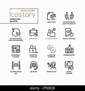 Assistenza sociale per i migranti - icone stile design linea Illustrazione Vettoriale