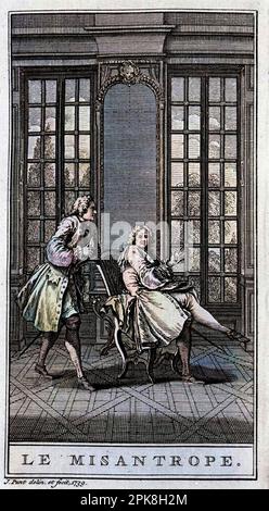 Representation d'une scene de la piece 'le misanthrope ou l'Atrabilaire amoureux' de Jean Baptiste Poquelin dit Moliere (1622-1673). Gravure de 1739. "Les Œuvres de Monsieur de Molière. Nouvelle édition. Revue, corrigée et augmentée. Enrichie de Figures en taille-douce.'photo colorié ultérieurement Foto Stock