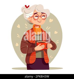 Donna anziana carina che tiene una tazza di tè o caffè Illustrazione Vettoriale