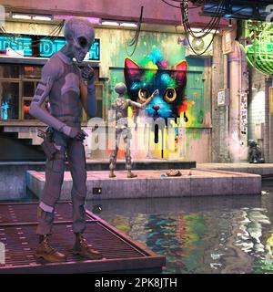 3d illustrazione di due alieni grigi in abiti militari che guardano l'acqua con attenzione in un vicolo deserto con graffiti sullo sfondo. Foto Stock