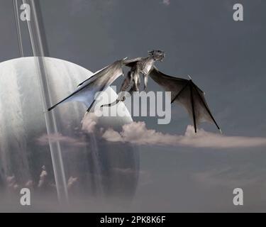3d illustrazione di un drago grigio con ali sparse che volano verso l'alto nel cielo con un esoplanet ad anello sullo sfondo. Foto Stock