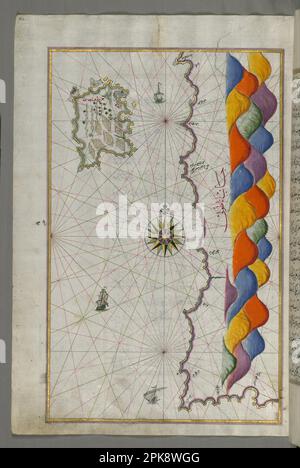 Mappa dell'isola di Bozjah (Tenedos) al largo della costa di Anatolia fine 11th ° secolo AH / DC 17th ° secolo-inizio 12th ° secolo AH / DC 18th ° secolo (ottomano) di Piri Reis Foto Stock