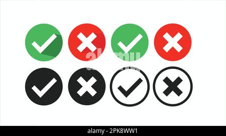 Sì e No oppure è stato impostato un set di icone corretto e errato o approvato e rifiutato. Illustrazione piatta con isolamento vettoriale Illustrazione Vettoriale