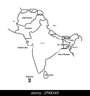 Mappa generale dell'Asia meridionale. Illustrazione del simbolo EPS vettoriale modificabile. Illustrazione Vettoriale
