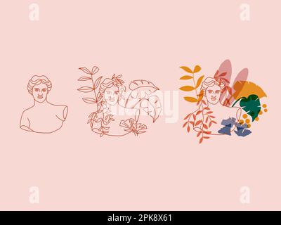 Venus tropicale testa di marmo foglie di palma floreali, stampa floreale. Illustrazione vettoriale della scultura della dea. Illustrazione vettoriale Illustrazione Vettoriale