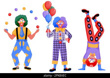 Uomini in costume clown impostato isolato su sfondo bianco. Disegno piano vettoriale di scherzi divertenti. Parco divertimenti, circo o festa di compleanno de Illustrazione Vettoriale