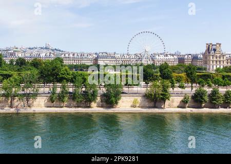 Paesaggio urbano del centro di Parigi con case residenziali e ruota panoramica lungo la Senna e Montmartre sullo sfondo Foto Stock