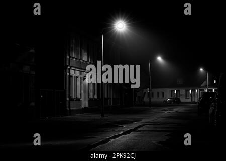 Di notte sulla strada, poca nebbia nella luce della lanterna, parcheggio auto sul lato della strada, fotografia in bianco e nero Foto Stock