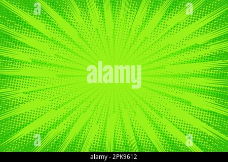 Sfondo comico. Texture pop art. Stile cartoon starburst. Design d'anime con effetto esplosivo per la stampa. Divertente motivo a punti. Mezzitoni sfondo verde Illustrazione Vettoriale