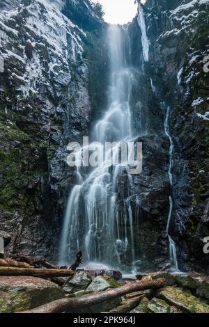 La cascata Burgbach a Bad Rippoldsau-Schapbach, Foresta Nera, splendido paesaggio invernale con neve e ghiaccio Foto Stock