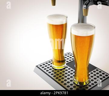 Two glasses of beer under alcoholic beverage taps. 3D illustration. Stock Photo