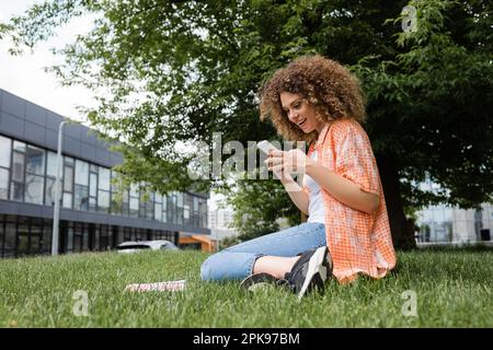 donna allegra con capelli ricci utilizzando smartphone mentre si siede sul prato in parco verde, immagine stock Foto Stock