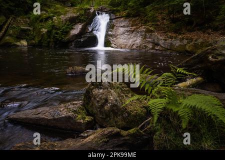 Incredibile cascata nascosta nel profondo delle montagne di Jizera, Repubblica Ceca. Luogo tranquillo e tranquillo con acqua che scorre in cascata fiume. Foto Stock