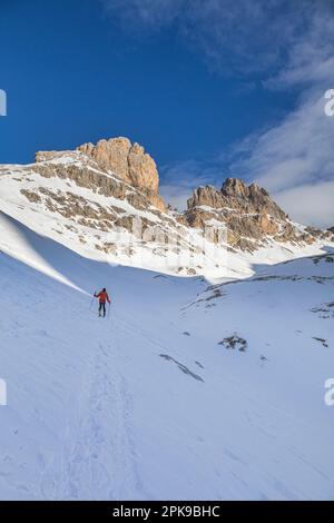 Italia, Trentino Alto Adige / Alto Adige, San Giovanni di Fassa, back country skier (ski alpinista) nella valle del Vaiolet in salita verso il Passo Principe / Grasleitenpass, sopra la cima di Vaiolet / Vajoletspitze e cima piccola di Valbona / Valbonkogel, Catinaccio / Gruppo Rosengarten, Dolomiti Foto Stock