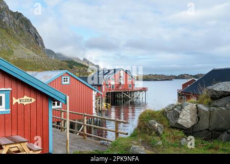 Norvegia, Lofoten, ae i Lofoten, Rorbuer (cabine dei pescatori), case vacanze Foto Stock