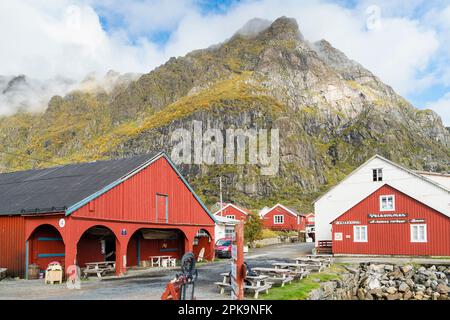 Norvegia, Lofoten, ae i Lofoten, Rorbuer (cabine dei pescatori), caffetteria Foto Stock