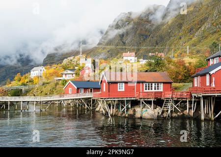 Norvegia, Lofoten, ae i Lofoten, Rorbuer (cabine dei pescatori), case vacanze Foto Stock