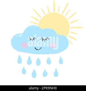 Illustrazione disegnata a mano di nuvola blu carina con gocce di pioggia e sole giallo. Divertente nursery design per bambini, semplice carattere minilamista intura meteo baby camera decorazione poster Foto Stock