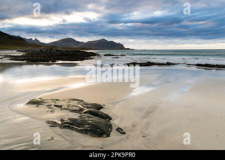 Norvegia, Lofoten, Flakstadoya, costa vicino Flakstad, spiaggia Foto Stock