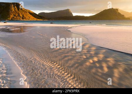 Norvegia, Lofoten, Vestvagoya, Haukland Beach, spiaggia, atmosfera serale, acqua drenante con bassa marea Foto Stock