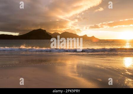 Norvegia, Lofoten, Vestvagoya, Haukland Beach, spiaggia, umore serale, tramonto Foto Stock