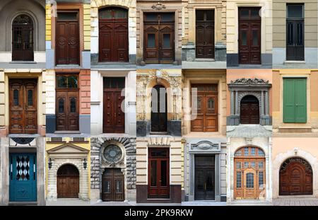 Collage con foto di vecchi edifici con eleganti porte frontali in legno Foto Stock