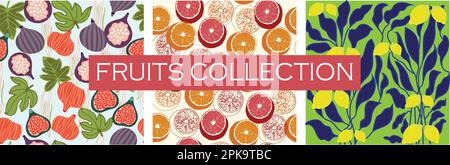 Raccolta di frutta e verdura senza cuciture modello ripetizione. Vettori di Fig, arancione e limone. Stampa trendy Citrus Illustrazione Vettoriale