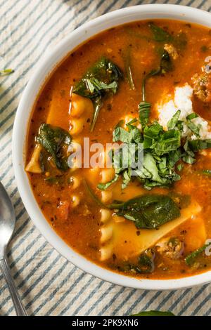 Zuppa di lasagne fatta in casa con basilico e formaggio Foto Stock