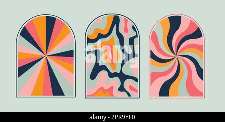Set di cornici e decorazioni Psychedelic Groovy swirl. Vettore di illustrazione di stile trendy 1960s e 1970s. Illustrazione Vettoriale