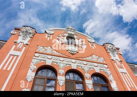 Novy Jicin (Neu Titschein, Neutitschein), particolare della casa a Moravskoslezsky, Regione Moravo-Slesiana (Regione Mährisch-schlesische), Repubblica Ceca Foto Stock