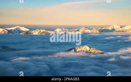 Paesaggio innevato di montagna sopra la copertura nuvolosa in una soleggiata mattinata invernale. Vista su Hörnergruppe, Alpi di Allgäu, Baviera, Germania Foto Stock