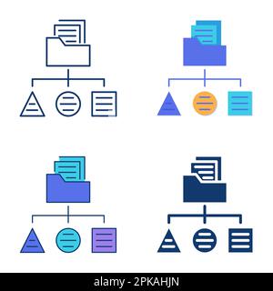 Icona di classificazione dei dati impostata in stile piatto e linea. Schema o algoritmo di disposizione delle informazioni. Illustrazione vettoriale. Illustrazione Vettoriale