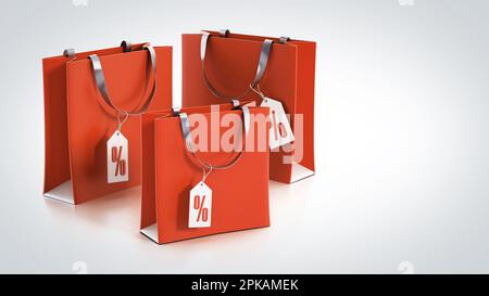 Borse rosse per la spesa con etichette percentuali. Illustrazione 3D. Foto Stock