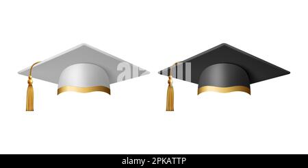 Vector 3D realistic White and Black Graduate College, High School, University Cap Icon Set Closeup isolato. Cappello per cerimonia di laurea Vector. Educativo Illustrazione Vettoriale