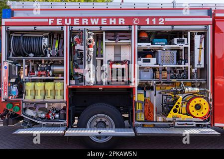 Vigili del fuoco, attrezzatura, dettaglio, giorno aperto presso il reparto antincendio volontario Schortens, contea di Friesland, bassa Sassonia, Germania Foto Stock