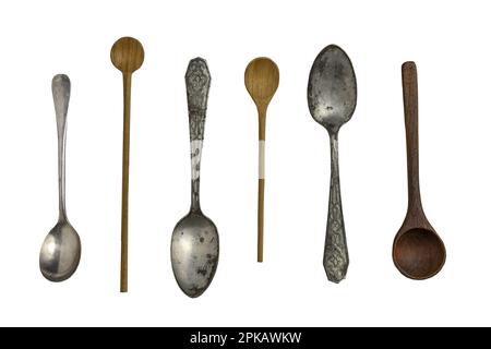 Assortimento di cucchiai in argento e legno. Foto Stock
